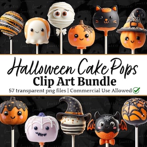 May include: A collection of Halloween-themed cake pops on sticks. The pops are decorated as a mummy, ghost, cat, pumpkin, and witch. The image includes the text "Halloween Cake Pops Clip Art Bundle".