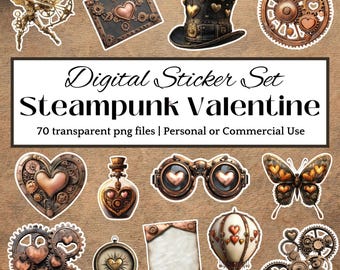 Steampunk Valentine Sticker Fussy Cut Steampunk Ephemera Mechanical Heart Victorian Junk Journal Printable Steampunk PNG Instant Download