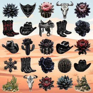 May include: A collection of illustrations featuring Western-themed elements. Includes cowboy hats, boots, a saddle, a steer skull, cacti, and floral arrangements. The color palette is primarily black, with accents of red, pink, and green against a desert backdrop.