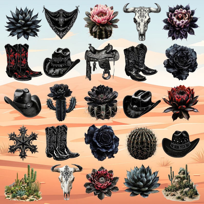 May include: A collection of illustrations featuring Western-themed elements. Includes cowboy hats, boots, a saddle, a steer skull, cacti, and floral arrangements. The color palette is primarily black, with accents of red, pink, and green against a desert backdrop.