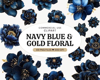 Navy Blue and Gold Floral Clipart, Dark Flower PNG Bundle, Commercial Use