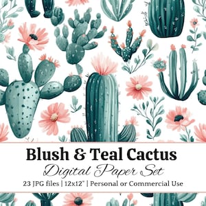 Cactus rose poudré et sarcelle pour scrapbooking, fabrication de cartes, journal indésirable, motif désert, arrière-plan imprimable Style sud-ouest, JPG