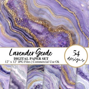 May include: Digital paper set with a lavender geode design and gold detailing. The image displays a swirling pattern of purple and gold, with the text "Lavender Geode" and "54 designs". Each paper is 30.48 cm x 30.48 cm.