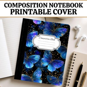 Blue Butterfly Composition Notebook Cover, Printable Notebook Wrap, Aesthetic Back to School