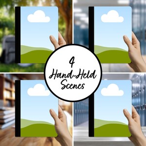 Pu&ograve; includere: Quattro quaderni tenuti in mano con un design paesaggistico di cielo blu, nuvola bianca e colline verdi. I quaderni hanno dorsi neri. L'immagine include il testo "4 Hand-Held Scenes" in un cerchio.