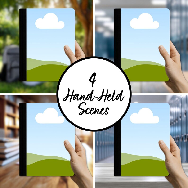Pu&ograve; includere: Quattro quaderni tenuti in mano con un design paesaggistico di cielo blu, nuvola bianca e colline verdi. I quaderni hanno dorsi neri. L'immagine include il testo "4 Hand-Held Scenes" in un cerchio.