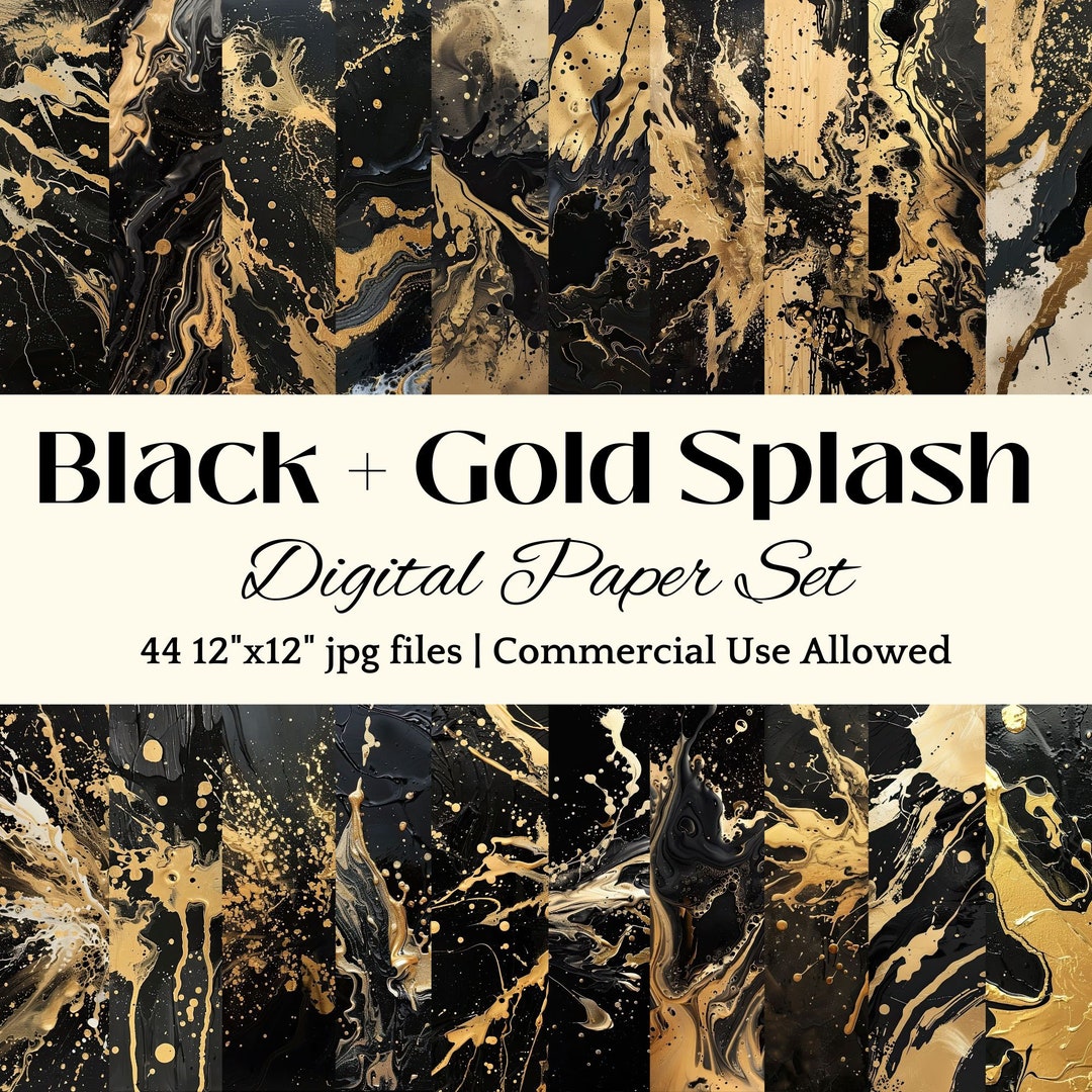 Black and Gold DIGITAL PAPER Paint Splash Design Commercial Use Ink ...