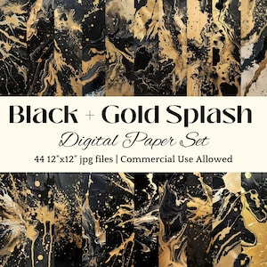 Black and Gold DIGITAL PAPER Paint Splash Design Commercial Use Ink Splash Art Decor Black and Gold Branding Elements Black Gold Ink Splash
