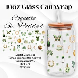 Coquette Shamrock 16oz Glass Can Wrap - St. Patricks Day PNG for Sublimation & UVDTF - Irish Aesthetic Tumbler Wrap Digital Download diy Mug