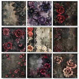 K&ouml;nnte beinhalten: Eine Collage aus neun quadratischen Bildern mit dunklen, stimmungsvollen Hintergr&uuml;nden mit filigranen Spitzenmustern und verschiedenen roten, rosa und violetten Rosen. Die Bilder sind in einem 3x3-Raster angeordnet.