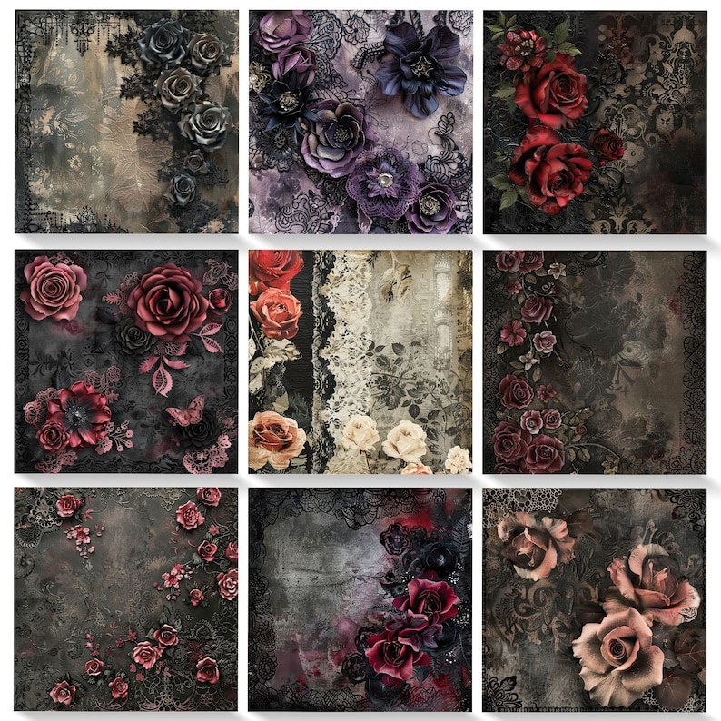 K&ouml;nnte beinhalten: Eine Collage aus neun quadratischen Bildern mit dunklen, stimmungsvollen Hintergr&uuml;nden mit filigranen Spitzenmustern und verschiedenen roten, rosa und violetten Rosen. Die Bilder sind in einem 3x3-Raster angeordnet.