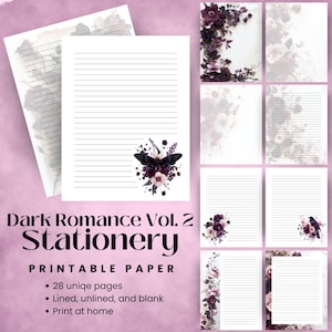 Juego de papelería con diseño floral victoriano para escribir cartas, diario con líneas de Dark Academia, papel imprimible con estética romántica oscura, página en blanco con arte