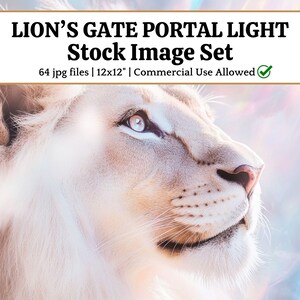 Puede incluir: Primer plano de la cara de un león blanco, centrándose en su ojo y nariz. La imagen tiene una calidad suave y etérea. El texto dice "LION'S GATE PORTAL LIGHT Stock Image Set" y "12x12"" con una marca de verificación.