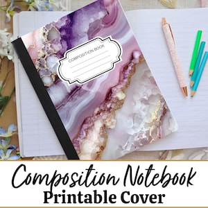 May include: Composition notebook with a cover featuring a purple, pink, and gold agate design. The notebook has a black spine and a label that reads "COMPOSITION BOOK". A pink pen and three pencils are next to the notebook.