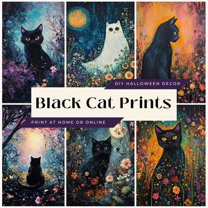 May include: Six printable images featuring black cats in a whimsical forest setting with flowers and a full moon. The text "Black Cat Prints" and "Print at home or online" is displayed on the image. DIY Halloween Decor.