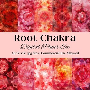 May include: A collection of digitally created watercolor papers in shades of red, pink, and orange. The papers feature abstract floral and geometric designs. Text reads "Root Chakra Digital Paper Set" with "40 12"x12" jpg files | Commercial Use Allowed."