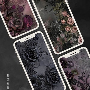 K&ouml;nnte beinhalten: F&uuml;nf verschiedene Handy-Hintergr&uuml;nde mit dunkelgrauen Hintergr&uuml;nden, schwarzen und rosafarbenen Rosen und filigranen floralen Designs. Die Designs erinnern an Muster aus der viktorianischen Zeit.