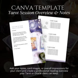 Tarotsession CANVA-MALL för klientläsning Orakelkortläsningsanteckningar Redigerbar Canva-mall för tarotresurs Kortläsning Översikt