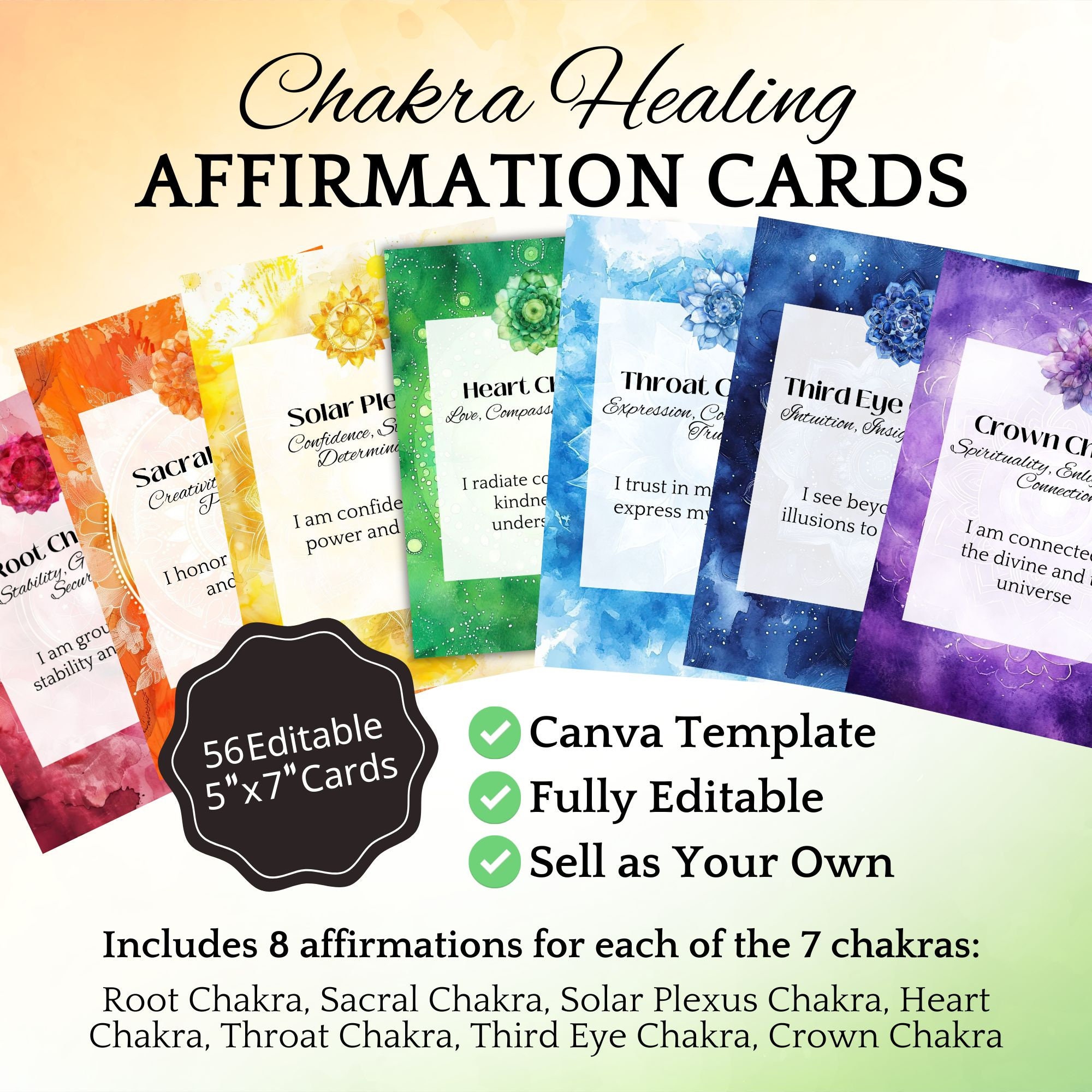 Chakra Healing Affirmation Card Printable Customizable Deck for ...