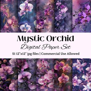 Orquídea Mística PAPEL DIGITAL para Diarios Planificadores Fondos Florales de Fantasía Galaxia Púrpura Diseño Botánico Arte Metafísico para Álbumes de Recortes JPG