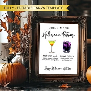 May include: A framed Halloween-themed drink menu with the text "Halloween Potions." The menu features illustrations of two cocktails: "Monster Mash" and "Grave Digger." The frame is dark brown, and the background includes pumpkins and fall foliage.