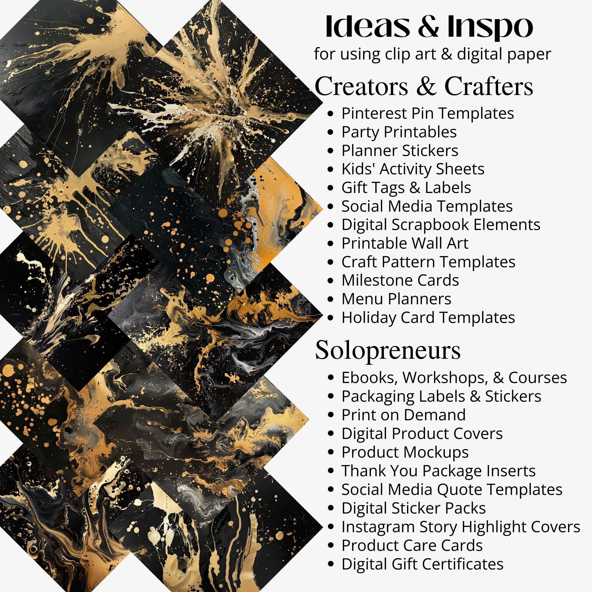 Black and Gold DIGITAL PAPER Paint Splash Design Commercial Use Ink ...
