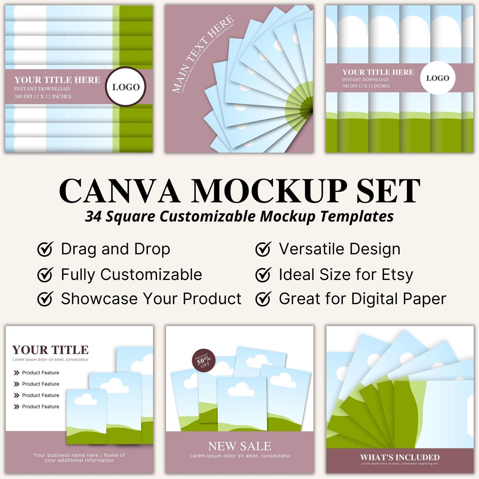 Editable Canva MOCKUP TEMPLATE for Digital Paper Square Background ...