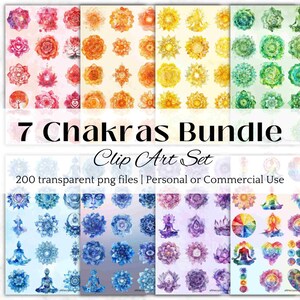 7 Chakren CLIPART BUNDLE png Set für Energieheilung, spirituelles Dekor, Reiki Arbeitsblätter, Yoga Art, Meditationsleitfaden, DIY Grafikpaket