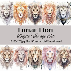 Op de afbeelding: Een digitale beeldbundel met aquarel illustraties van majestueuze leeuwen met sierlijke hoofdtooien. De leeuwen hebben verschillende kleurenschema's, waaronder wit, goud en roze. Tekst: "Lunar Lion Digital Image Set" met 18 bestanden, elk 30,48 cm x 30,48 cm.