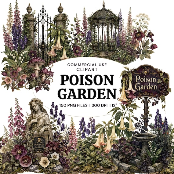 Poison Garden Clipart Bundle, Gothic Botanical PNG, Dark Academia, Commercial Use