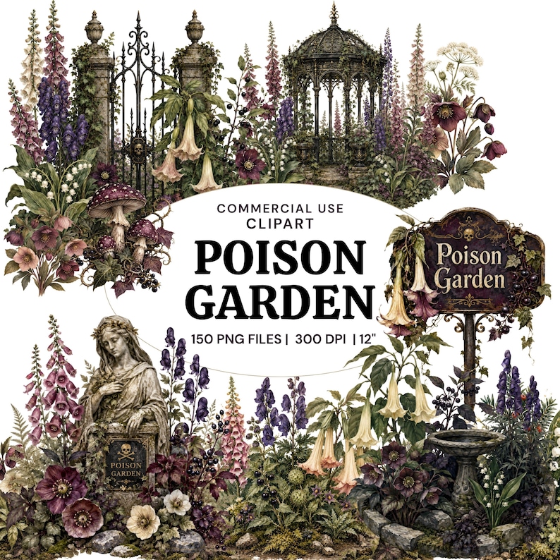Poison Garden Clipart Bundle, Gothic Botanical PNG, Dark Academia, Commercial Use image 1