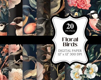 Blumen Vögel DIGITALES PAPIER für Scrapbooking Junk Journal Natur-Themed Handwerk Vintage Hintergrund druckbares dekoratives Papier Vogel-Thema Blumen