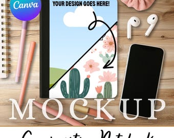 Pacchetto di modelli CANVA MOCKUP per quaderno di composizione per carta digitale + cornice PNG, copertine anteriori e posteriori per diario spazzatura, design drag and drop