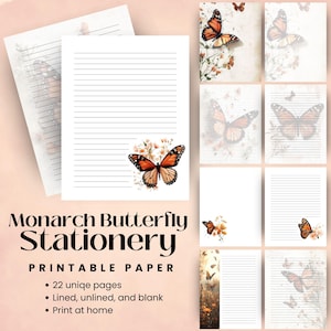 Monarchfalter Schmetterling Briefpapier Druckbares Papier für Journal Leere Seite Liniertes PDF Schreibpapier Aquarell Druck Natur Geschenk Künstler Notebook DIY