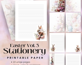 Easter Bunny PRINTABLE STATIONERY Set, 22 Pages Cute Spring Writing Paper, Lined & Blank Digital Download, Floral Rabbit Letter Paper