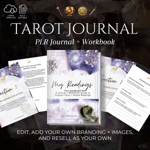 Könnte beinhalten: Ein digitales Produkt für Tarot- und Orakelkarten-Lesungen. Das Cover zeigt ein lila und blaues Design mit weißen Blumen. Der Text auf dem Cover lautet "Meine Lesungen: Ihr Absatztext Ein Tagebuch + Reflexionsleitfaden zur Unterstützung von Tarot- und Orakelkarten-Lesungen".