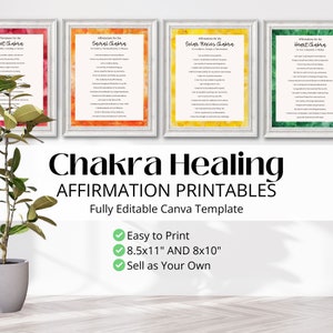 May include: Four printable affirmation posters for chakra healing. Each poster features a different chakra with its corresponding color and affirmations. The posters are 8.5x11 inches and 8x10 inches and are fully editable in Canva.