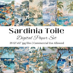 Sardinien Toile DIGITALES PAPIER für Scrapbooking Reisejournal Küstendekor Mittelmeerdruckbarer Hintergrund Griechenland Wandkunst Junk Journal