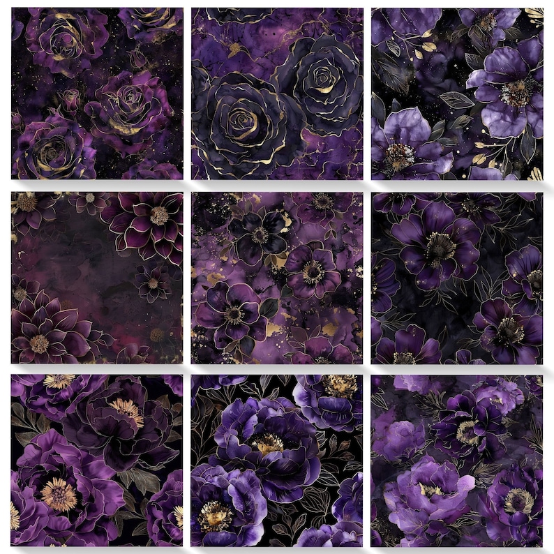 Purple Gold Floral DIGITAL PAPER Dark Floral Design Purple Flower Black ...