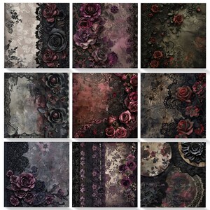 K&ouml;nnte beinhalten: Eine Collage aus neun digitalen Kunstbildern mit dunklen, romantischen und gotischen Motiven. Jedes Bild zeigt eine andere Anordnung von schwarzer Spitze, dunklen Blumenmustern und roten Rosen.