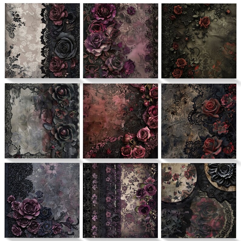K&ouml;nnte beinhalten: Eine Collage aus neun digitalen Kunstbildern mit dunklen, romantischen und gotischen Motiven. Jedes Bild zeigt eine andere Anordnung von schwarzer Spitze, dunklen Blumenmustern und roten Rosen.