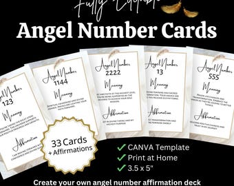MODELLO CANVA per carte di affermazione stampabili con numeri angelici, mazzo spirituale modificabile, guida divina per coach, strumento di manifestazione