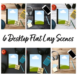 Pu&ograve; includere: Sei scene di layout piatto da scrivania con materiale scolastico. Ogni scena include un quaderno con un disegno di nuvole, una calcolatrice, cuffie, una matita e una mela. Il testo "BACK TO SCHOOL" &egrave; visibile su un post-it. Le scene sono disposte su varie superfici.