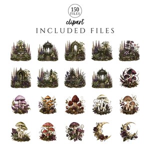 May include: A digital collection of 150 clipart files featuring botanical and garden illustrations. The images include ornate gazebos, stone arches, iron gates, various mushroom clusters, and crescent moon designs decorated with dark floral elements.