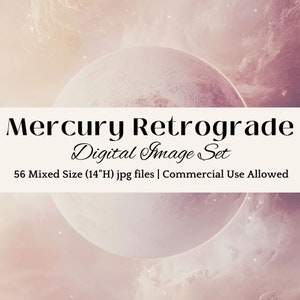 Może przedstawiać: Zestaw obrazów cyfrowych o tematyce niebiańskiej. Obraz przedstawia dużą, jasną planetę z napisem "Mercury Retrograde Digital Image Set". Zestaw zawiera 56 plików JPG o mieszanych rozmiarach, o wysokości 35,56 cm. Dozwolone użytkowanie komercyjne.