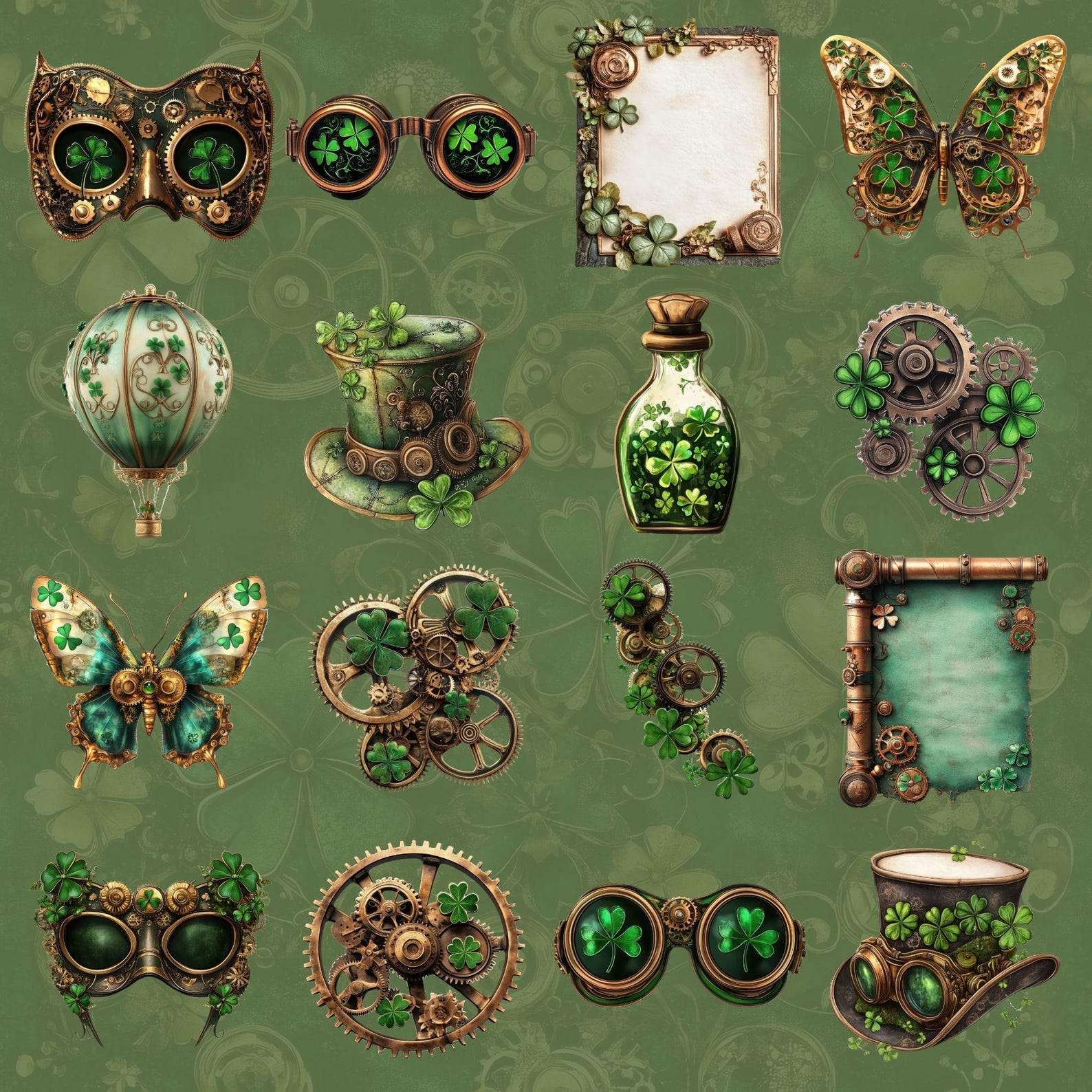 Steampunk St Patricks Day CLIPART PNG – Shamrock Png Vintage Gears ...