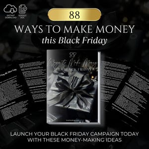 May include: A promotional image with the text "88 Ways to Make Money this Black Friday." The image features a book with a black gift box on the cover, surrounded by open pages with text. The overall theme is related to Black Friday marketing.