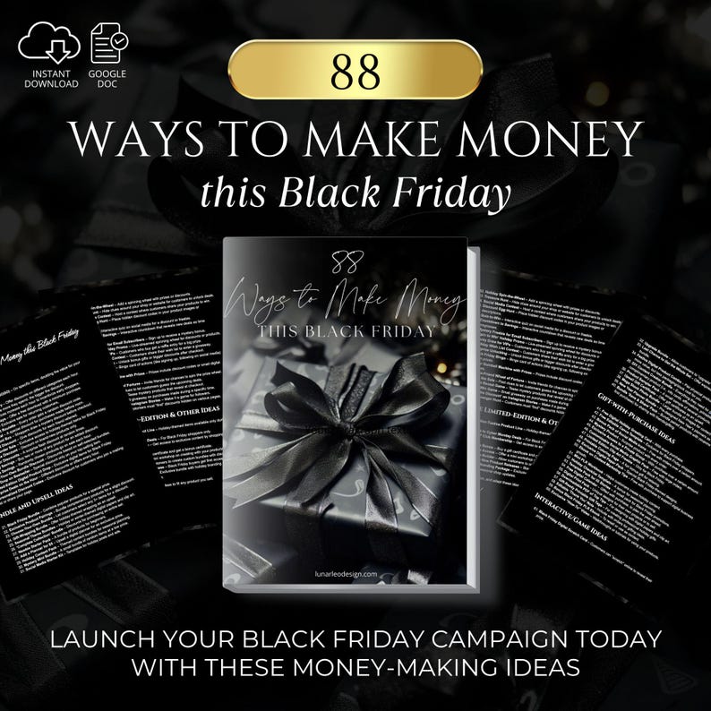 May include: A promotional image with the text "88 Ways to Make Money this Black Friday." The image features a book with a black gift box on the cover, surrounded by open pages with text. The overall theme is related to Black Friday marketing.
