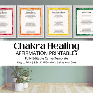 May include: Four framed prints with affirmations for the Heart, Solar Plexus, Sacral, and Root Chakras. The prints are in white frames with colorful backgrounds. The text "Chakra Healing AFFIRMATION PRINTABLES" is below the prints. The prints are 8.5x11 and 8x10 inches.