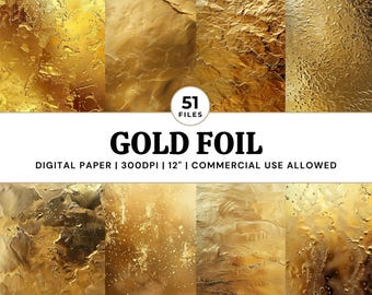 Gold Foil Digital Paper Set, Metallic Texture Backgrounds, Junk Journal Collage JPG, Commercial Use